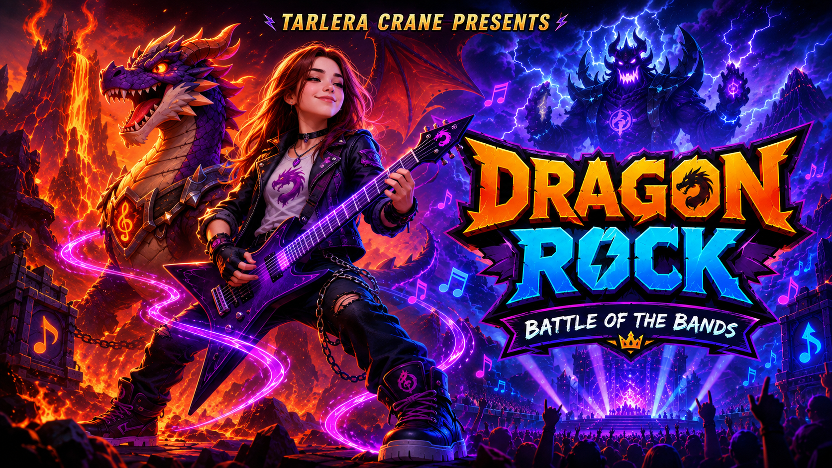 Dragon Rock fantasy concert with dragon and guitarist